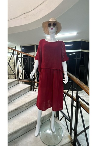 Eren Style İtalyan Müslin Keteni Üstü File Bluzlu Astarlı Tek Parça Elbise-9256 Bordo