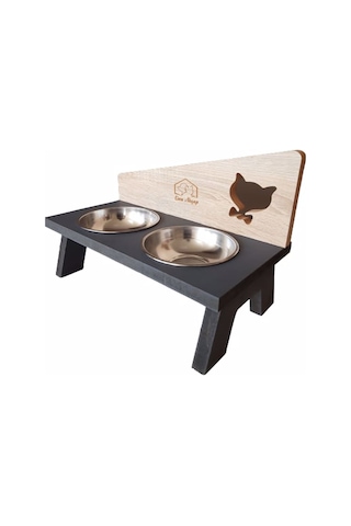 Liva Kedi Figürlü Ahşap Standlı İkili Kedi Mama ve Su Kabı
