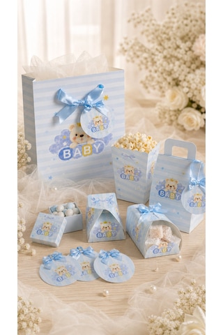 Mavi Ayıcıklı Hoşgeldin Bebeğim Hediyelik Seti, Baby Shower Ve Doğum Günü İkram Seti,7 Ürün-48 Parça 0 - 20 Ay