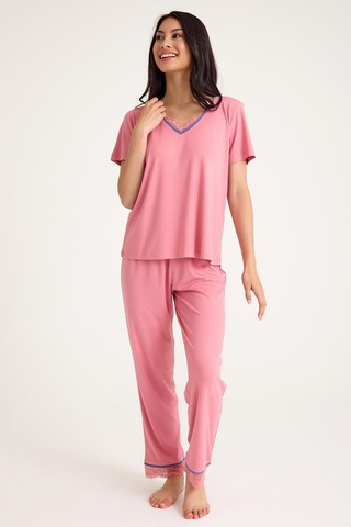Dream Pembe Viskon V Yaka Dantel Detaylı Pijama Takımı Pembe
