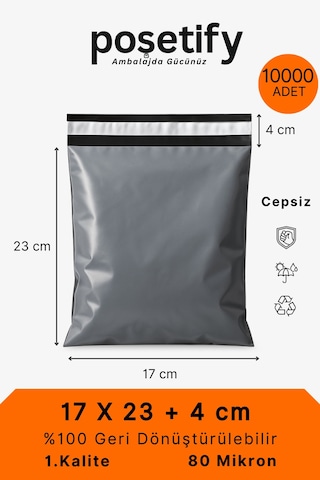 Gri Cepsiz Kargo Poşeti 17x23+4 Cm Yapışkan Bantlı Kargo Zarfı 10000 Li E-ticaret Poşeti