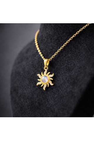 Gold Renk Güneş Figürlü Opal Taşlı Kolye