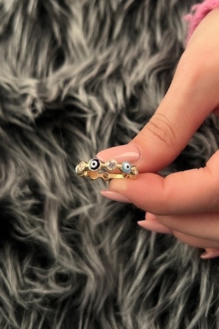 Fiyonk Kuyumculuk 14 Ayar Altın Nazarlık Ve Taş Dizisi Yüzük 001