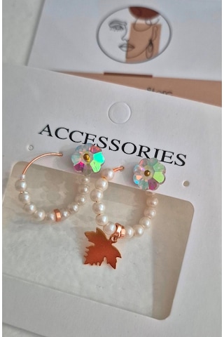 Glamglamour Küçük Halka İncili Küpe Seti Rose Gold