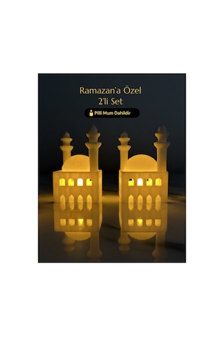 Ramazan Cami Figürlü Biblo İkili Set Işıklı Pilli Mumluk Ev Aksesuarı Beyaz