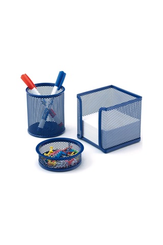 Mavi Perfore A Üstü Metal Üçlü Set Kalemlik Ataşlık Küp Blok Desk Organizer