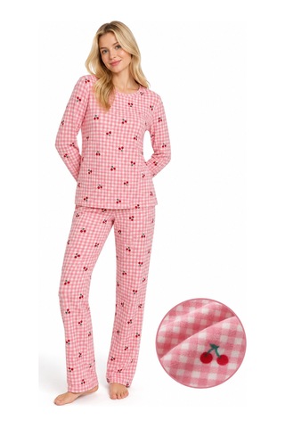 Sleeeproom Kadın Süet Mevsimlik Ekose Desen Pembe Pijama Takımı Pembe - Beyaz