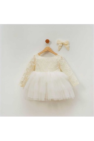 Kız Çocuk Güpür Tül Tütülü Doğum Günü Hediye Kına Prenses Elbise KREM