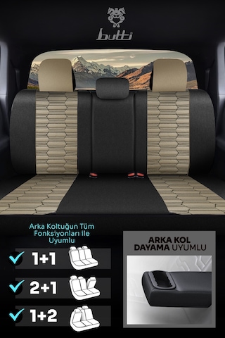 Bej - Siyah Butti Libro Serisi Keten Kumaş Premium Oto Koltuk Kılıfı Destekli, Ön Arka Tam Set
