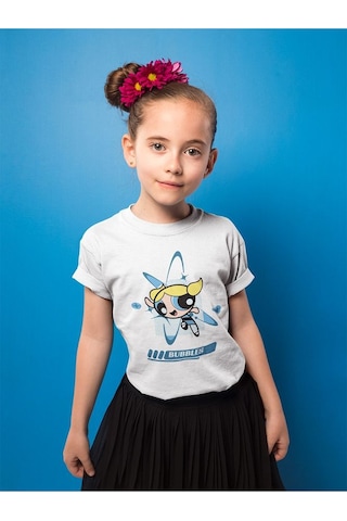 Sevbano Power Puff Girls Bubbles Baskılı Unisex Çizgi Film Çocuk Tişört Beyaz