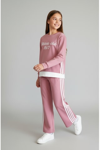 "athletic Club" Baskılı, Üç Çizgili Pembe-beyaz Geniş Paça Kız Çocuk Eşofman Takımı Pembe
