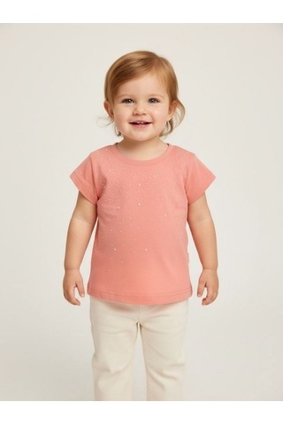 Zekids Kız Bebek İnci Detaylı Kısa Kollu T-shirt-16934 Pembe