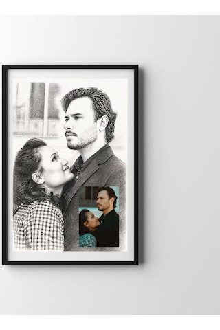 Sevgiliye Hediye Fotoğraftan Karakalem Resim Baskılı Yapışkanlı Çerçeve