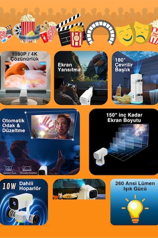 Projeksiyon Cihazı 200 Lümen 2 Kol li 4k 1080p Hd Projektor 3d Oyun Keyfi Android