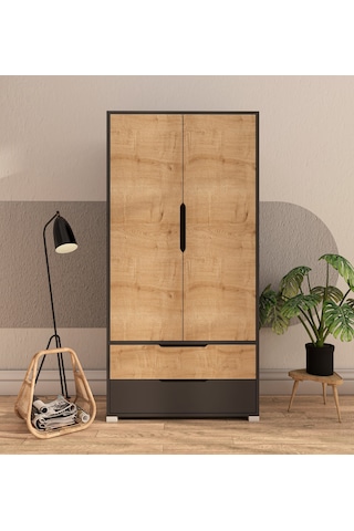 Flora 2 Kapaklı 2 Çekmeceli Gardırop Antrasit - Safir Meşe Elbise