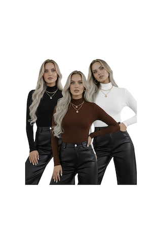 Hashtag Kadın Balıkçı Yaka Uzun Kollu Body 3'lü Set Viskon Kumaş Siyah Kahverengi Beyaz
