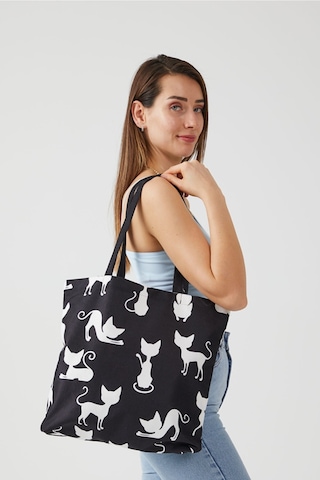 Kadın Siyah Kedi Bez Alışveriş Plaj Çantası Siyah