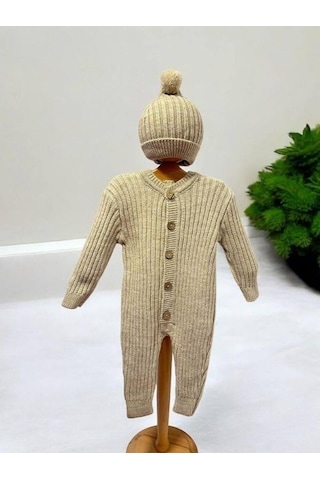 Bebek Örgü Fitilli Bereli Kışlık Tulum-15298 Bej
