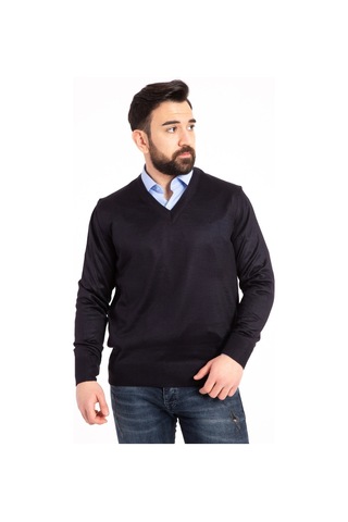 Erkek İnce Yün Triko Örgü Regular Baba V Yaka Kazak 5130 - S Füme
