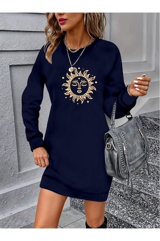 Kadın Uzun Kollu Bisiklet Yaka Güneş Desenli Viskon Iki Iplik Elbise Lacivert