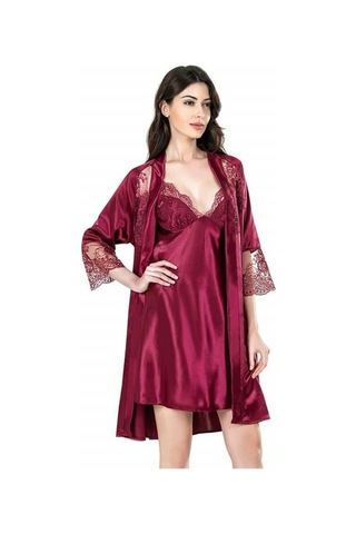 Ahu 7669 Saten Kısa 6lı Set - Bordo