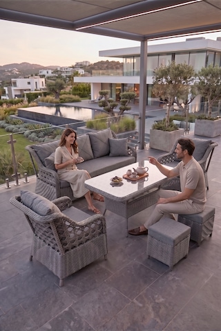 Frezya Serisi 1. Sınıf 3+1+1+2+2 Yastık Gri Rattan Gri Minder Bahçe Balkon Oturma Koltuk Takımı