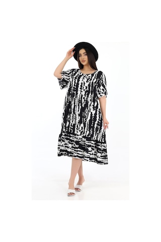 Schık Kadın Viskon Yarım Kol O Yaka Cepli Fırfırlı Elbise Siyah Siyah