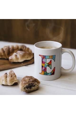 E Harfi Bardak 330 Ml İsme/harfe Özel Hediye, Renkli Harf Tasarım Beyaz