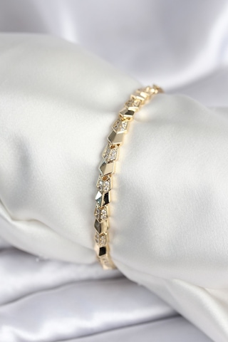 Pirinç Gold Renk Zirkon Taşlı Balık Sırtı Model Kadın Bileklik Çok Renkli