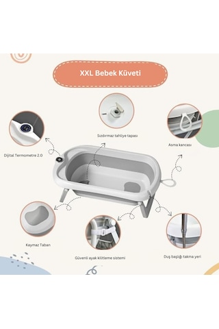 Thermae Ayaklı Katlanabilir Bebek Küveti Seti - Termometreli Xxl Banyo Seti Drenaj Kitli
