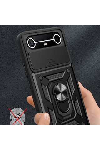 Tecno Spark Slim 5g Kılıf Sürgülü Tank Zırh Yüzüklü Mıknatıslı Standlı Kapak S-vega Siyah