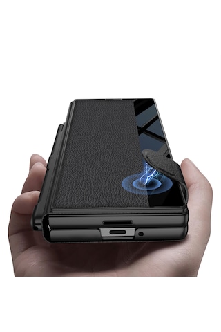 Samsung Uyumlu Galaxy Z Fold 7 Kılıf Aynalı Akıllı Şık Tasarımlı Suni Deri Mıknatıslı Katlanabilir Kapak Siyah