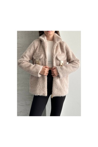 Asur Boutique Asur Butik Kadın Keçeli Kumaş Tokalı Fermuarlı Ceket Bej