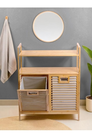 Bambu 2 Bölmeli Kirli Çamaşır Sepeti 2 Raflı Banyo Düzenleyici Dolap Banyo Dolabı Bambu