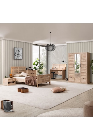 Polo Genç Odası - 3 Kapaklı Dolap, Karyola, Komodin, Çalışma Masası, Şifonyer Ceviz