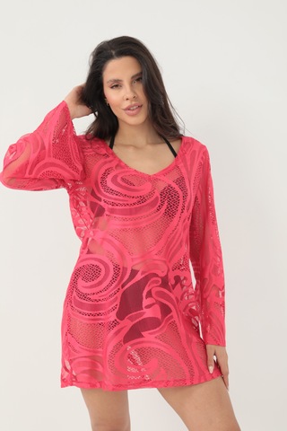 Kolları Volanlı Elbise Fuşya