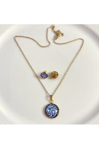 316l Çelik Otantik Figürlü Kolye Küpe Hediyelik Set Lacivert