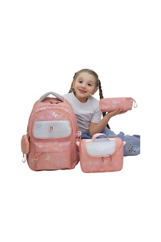3 Lü Kız Çocuk Okul Çantası Sırt Çantası, Beslenme Çantası, Kalemlik Pembe