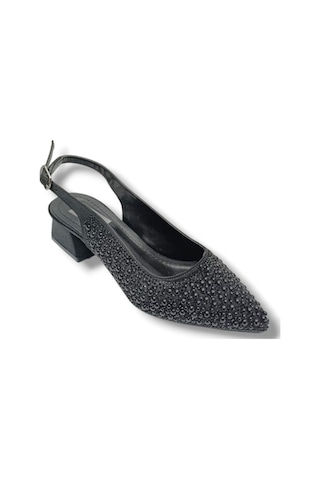 C-shoes 2605-26 Saten İncili Taşlı Kare Topuk Arkası Açık Kadın Ayakkabı Siyah