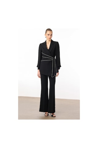 Moda İlgi Kadın Kolları Piliseli Şerit Aksesuarlı Ceket 5008 Siyah Siyah