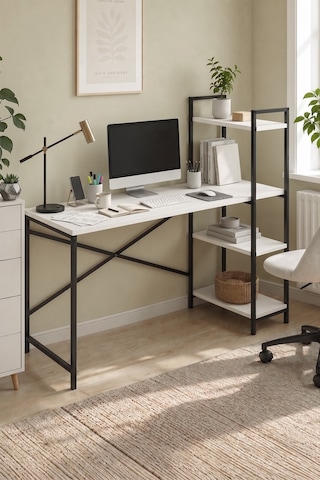 120x55 Cm Raflı Çalışma Masası Bilgisayar Masası Ofis Masası Ders Masası Cervantes Beyaz