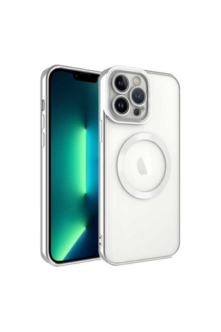Apple Uyumlu iPhone 13 Pro Kılıf M-safe Wireless Şarj Özellikli Zore Setro Silikon Gümüş
