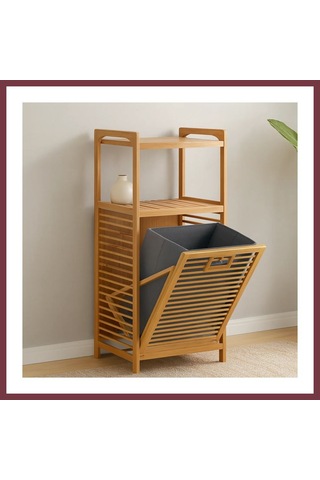 Storeşahin 2 Katlı Bambu Çamaşır Sepeti Önden Çek-aç Organizer 40x35x95 Cm Shn0720