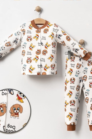Kız Çocuk Desenli Pamuklu 2'li Pijama Takımı Ekru - Kahverengi