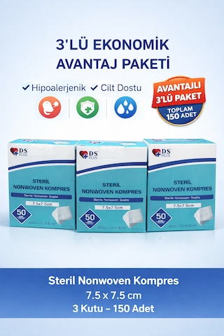 Steril Nonwoven Kompres 7.5x7.5 Cm 150 Adet 3 Lü Paket Hipoalerjenik Yüksek Emici Kumaş