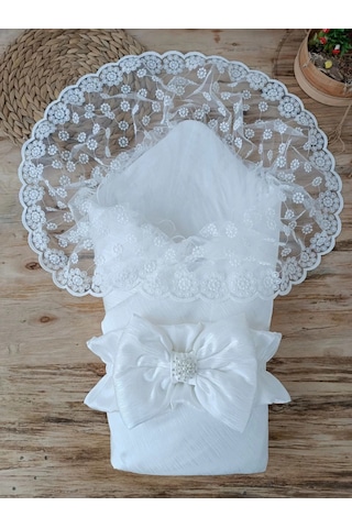 Yenidoğan Ay Işığı Papatya Dantelli Taşlı Fiyonk Bebek Battaniyesi Kundak Ekru Çok Renkli