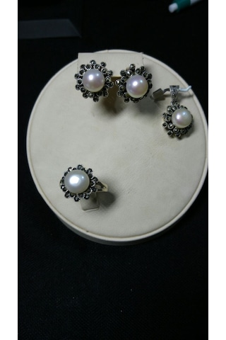 Markazit Cerceveli İncili 3 Lü Set Beyaz