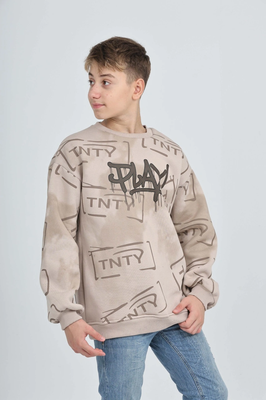Toontoy Kids Toontoy Erkek Çocuk Play Baskılı Sweatshirt Bej