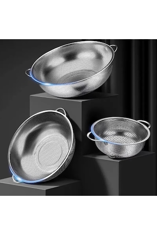Paslanmaz Çelik Kulplu Çok Amaçlı Makarna Un Meyve Sebze 3'lü Süzgeç 25 22 19 Cm Çok Renkli