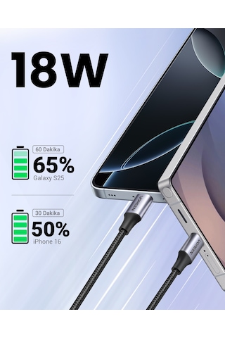 Ugreen Usb-c - Usb-a 3a Qc Örgülü Hızlı Şarj Kablosu, 1 M, Siyah, 60126